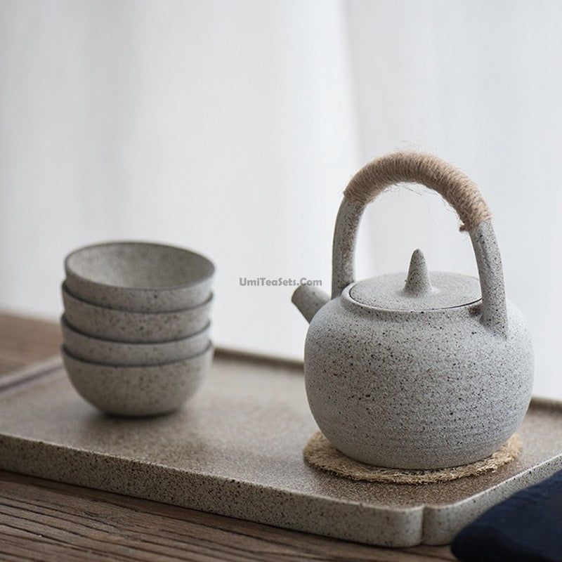 Tea Set with Tray Wabi-Sabi White Clay Japanese 8-Piece
