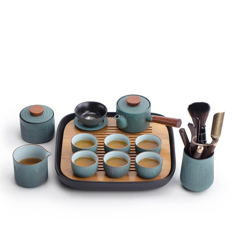 Japanese Tea Set Cyan Stone Glaze 13-Piece Gongfu Ceremony