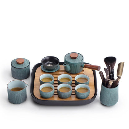 Japanese Tea Set Cyan Stone Glaze 13-Piece Gongfu Ceremony