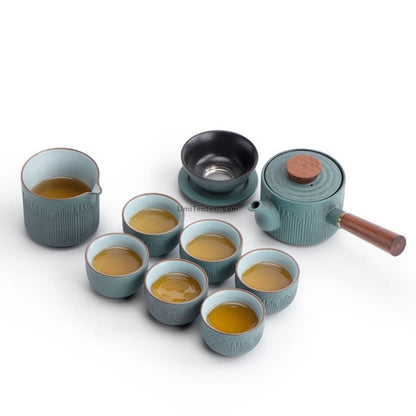 Japanese Tea Set Cyan Stone Glaze 13-Piece Gongfu Ceremony