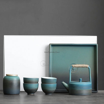 Japanese Tea Set Cyan Ceramic 8-Piece Hemp Rope Teapot 200ml