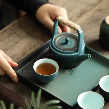 Japanese Tea Set Cyan Ceramic 8-Piece Hemp Rope Teapot 200ml