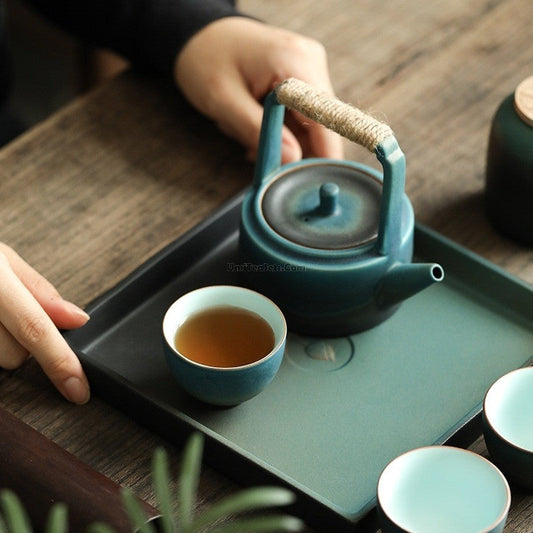 Japanese Tea Set Cyan Ceramic 8-Piece Hemp Rope Teapot 200ml