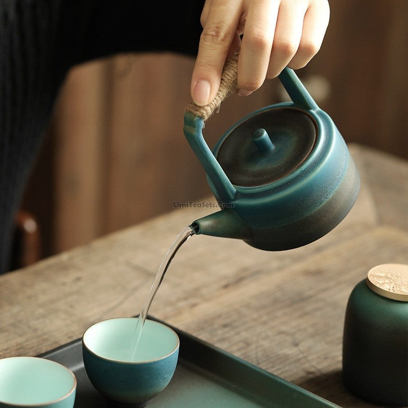 Japanese Tea Set Cyan Ceramic 8-Piece Hemp Rope Teapot 200ml