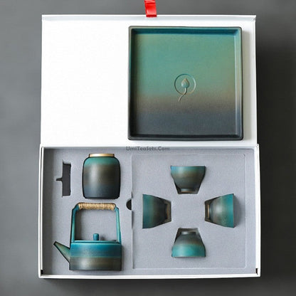 Japanese Tea Set Cyan Ceramic 8-Piece Hemp Rope Teapot 200ml