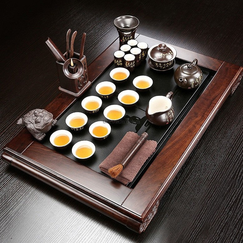 Gongfu Tea Set Black Pottery With Rosewood Tray 23-Piece