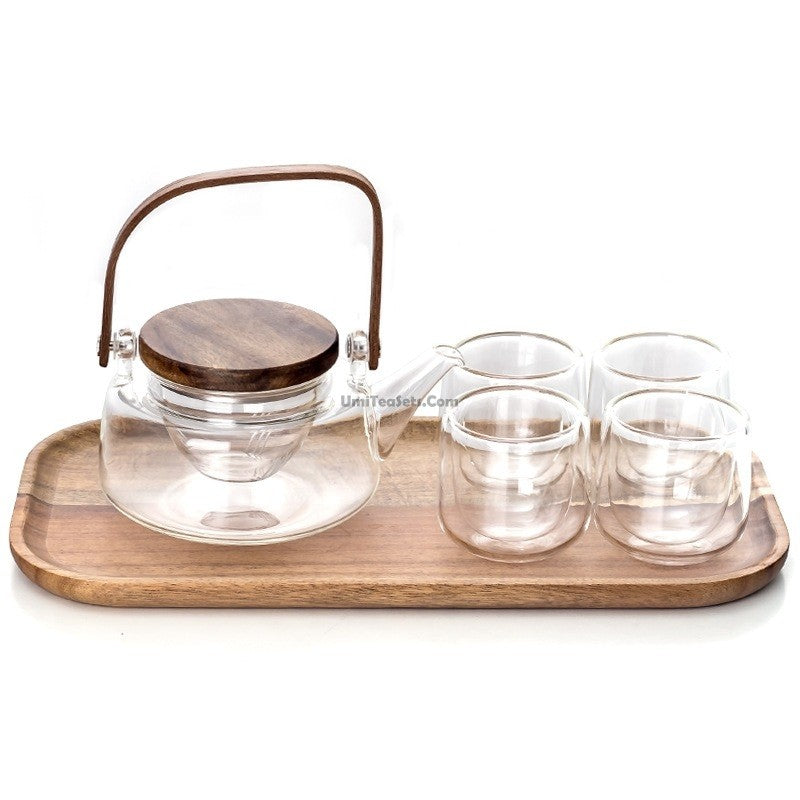 Glass Tea Set with Tray - Borosilicate Teapot & 4 Cups
