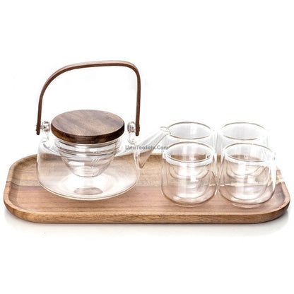 Glass Tea Set with Tray - Borosilicate Teapot & 4 Cups