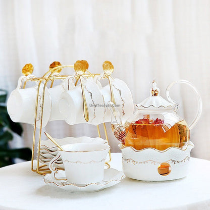 British Afternoon Tea Set With Warmer Glass Rose Embossed 21pc