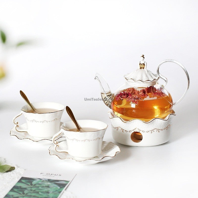British Afternoon Tea Set With Warmer Glass Rose Embossed 21pc