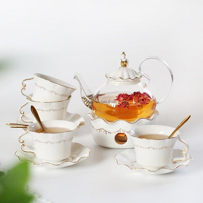 British Afternoon Tea Set With Warmer Glass Rose Embossed 21pc