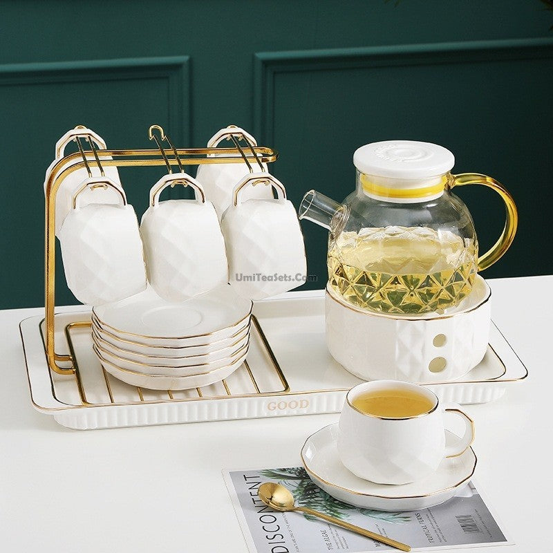 English Afternoon Tea Set for 6 with Glass Teapot