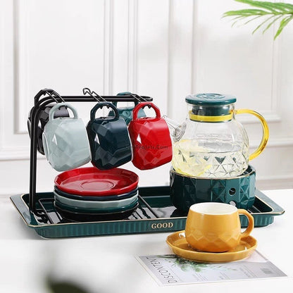 Afternoon Tea Set with Warmer – Glass Teapot & 6 Ceramic Cups