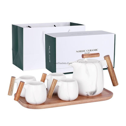Porcelain Tea Set with Teapot, 4 Cups & Wood Tray