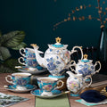 Bone China Tea Set Blue Floral Bird 24K Gold 16-Piece Hibiscus
