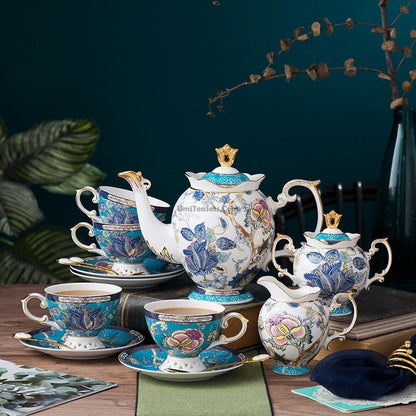 Bone China Tea Set Blue Floral Bird 24K Gold 16-Piece Hibiscus