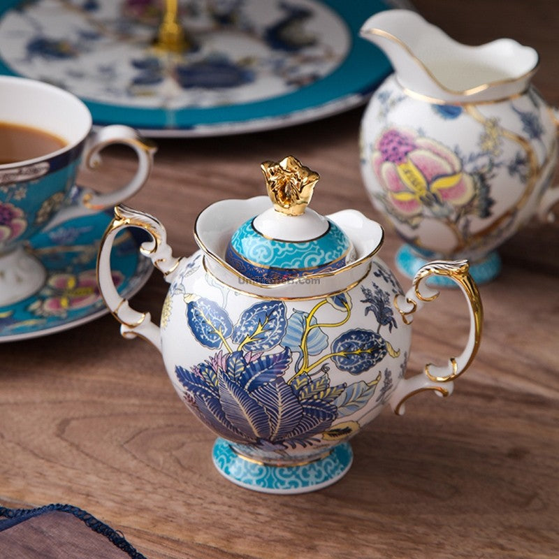 Bone China Tea Set Blue Floral Bird 24K Gold 16-Piece Hibiscus