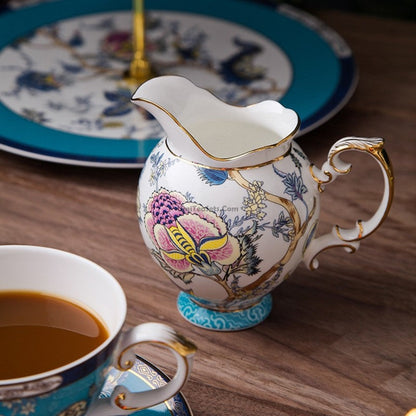 Bone China Tea Set Blue Floral Bird 24K Gold 16-Piece Hibiscus