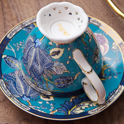 Bone China Tea Set Blue Floral Bird 24K Gold 16-Piece Hibiscus
