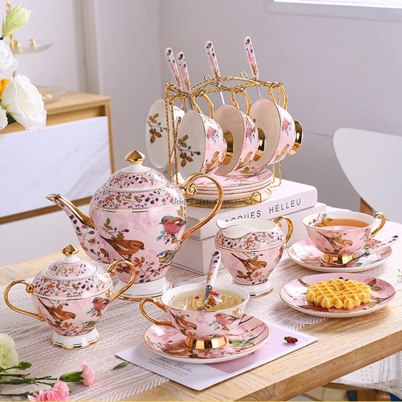 Bone China Tea Set Pink Birds Vintage 6 Cups Teapot Creamer