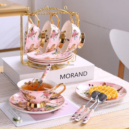 Bone China Tea Set Pink Birds Vintage 6 Cups Teapot Creamer