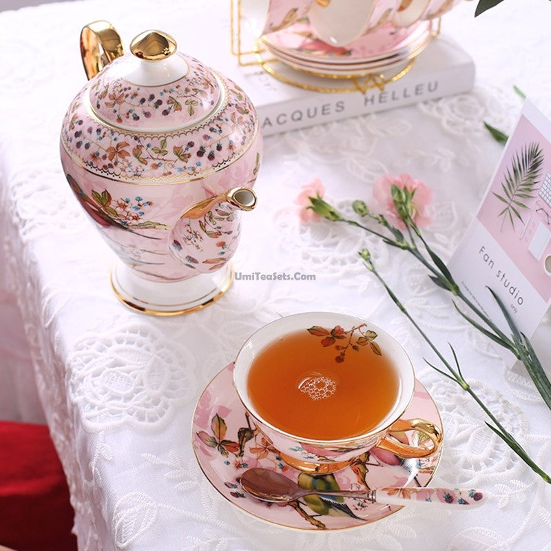 Bone China Tea Set Pink Birds Vintage 6 Cups Teapot Creamer