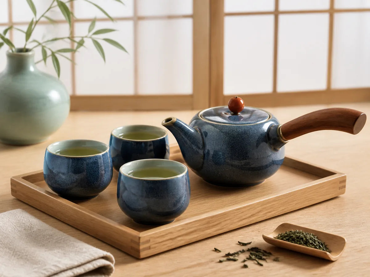 Deep indigo Japanese tea set on a wooden tray